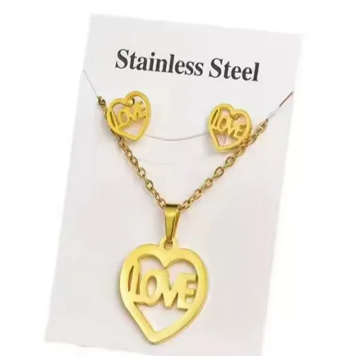 18k Gold Plated "Love Heart" Stainless Steel Necklace & Earrings Set