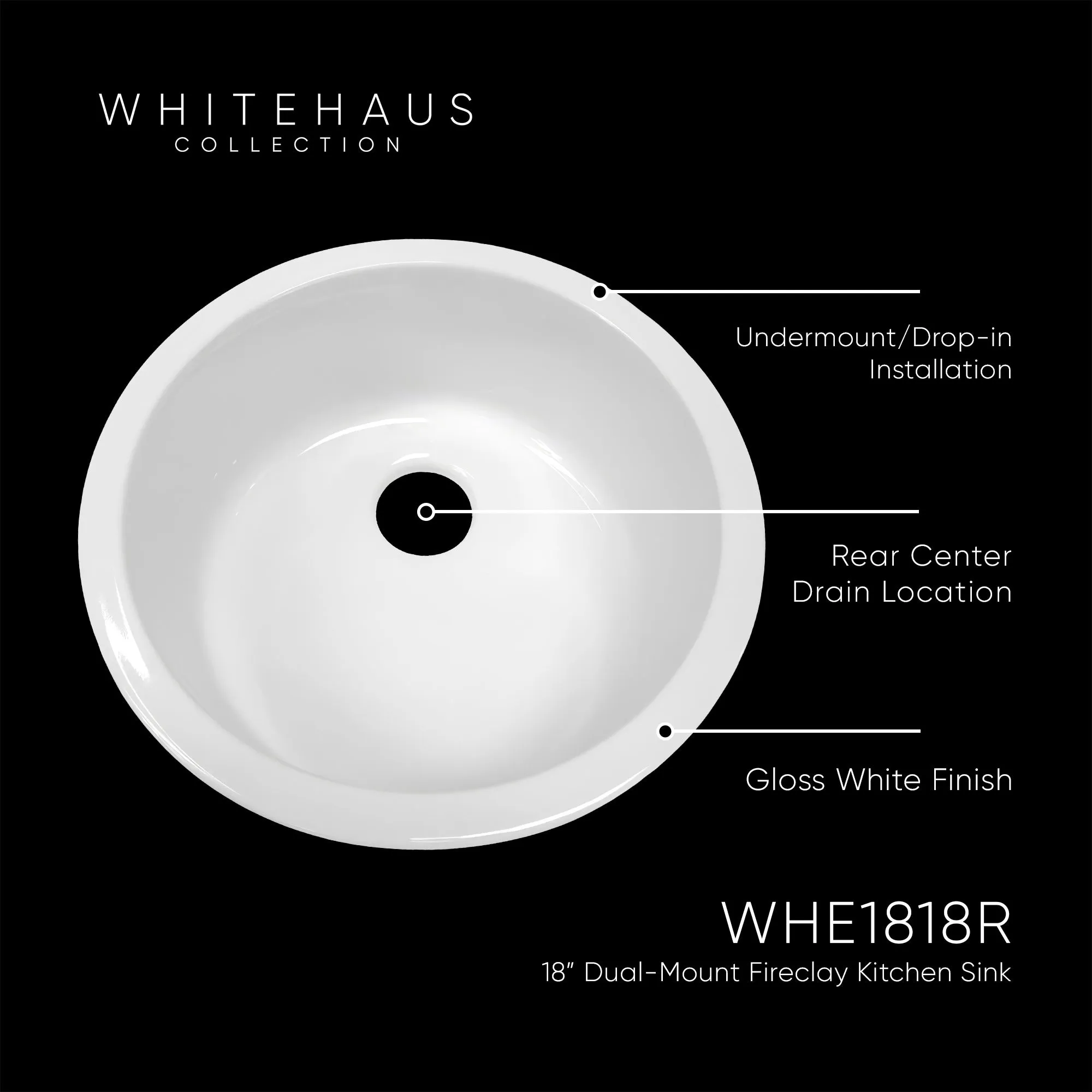 18" Circular Undermount/ Drop-In Fireclay Kitchen Sink with Rear Center Drain Location