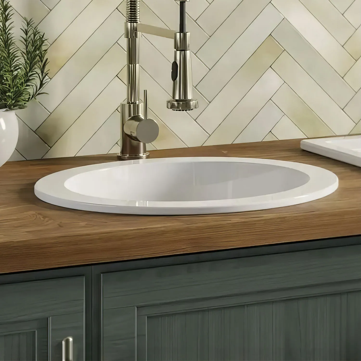 18" Circular Undermount/ Drop-In Fireclay Kitchen Sink with Rear Center Drain Location