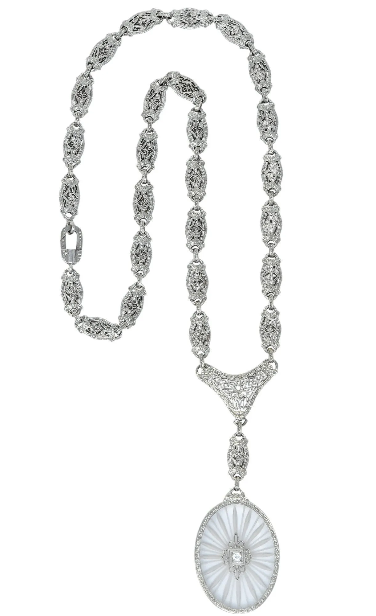 1920s Art Deco Camphor Glass Diamond 14 Karat White Gold Drop Necklace