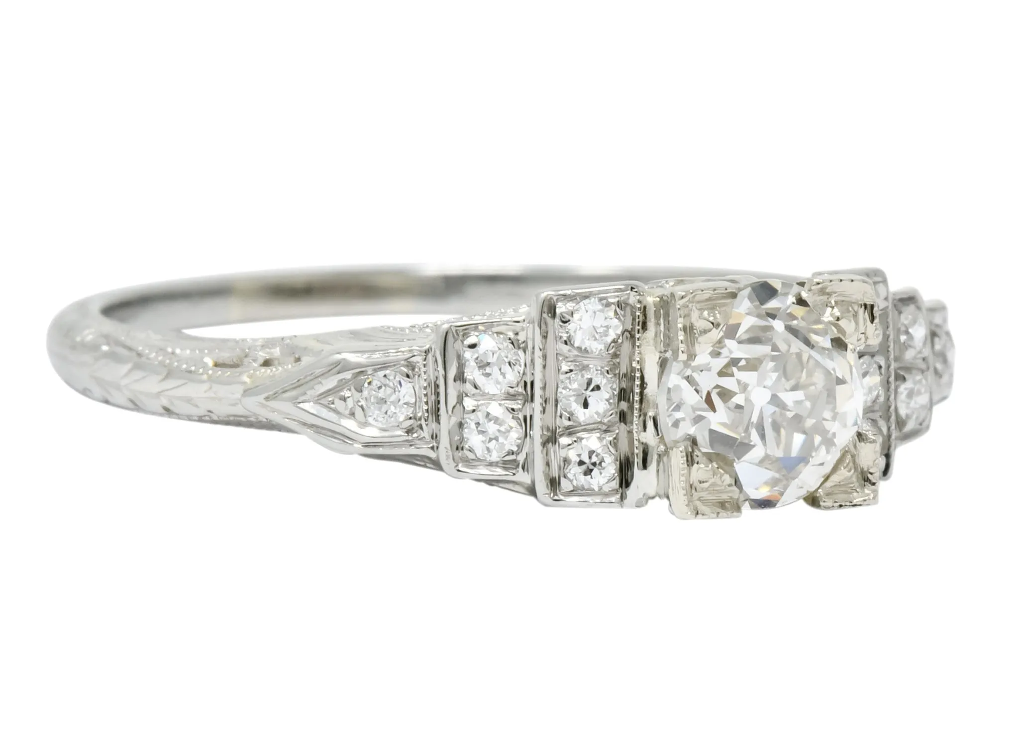 1930's Art Deco 0.81 CTW Diamond 18 Karat White Gold Engagement Ring