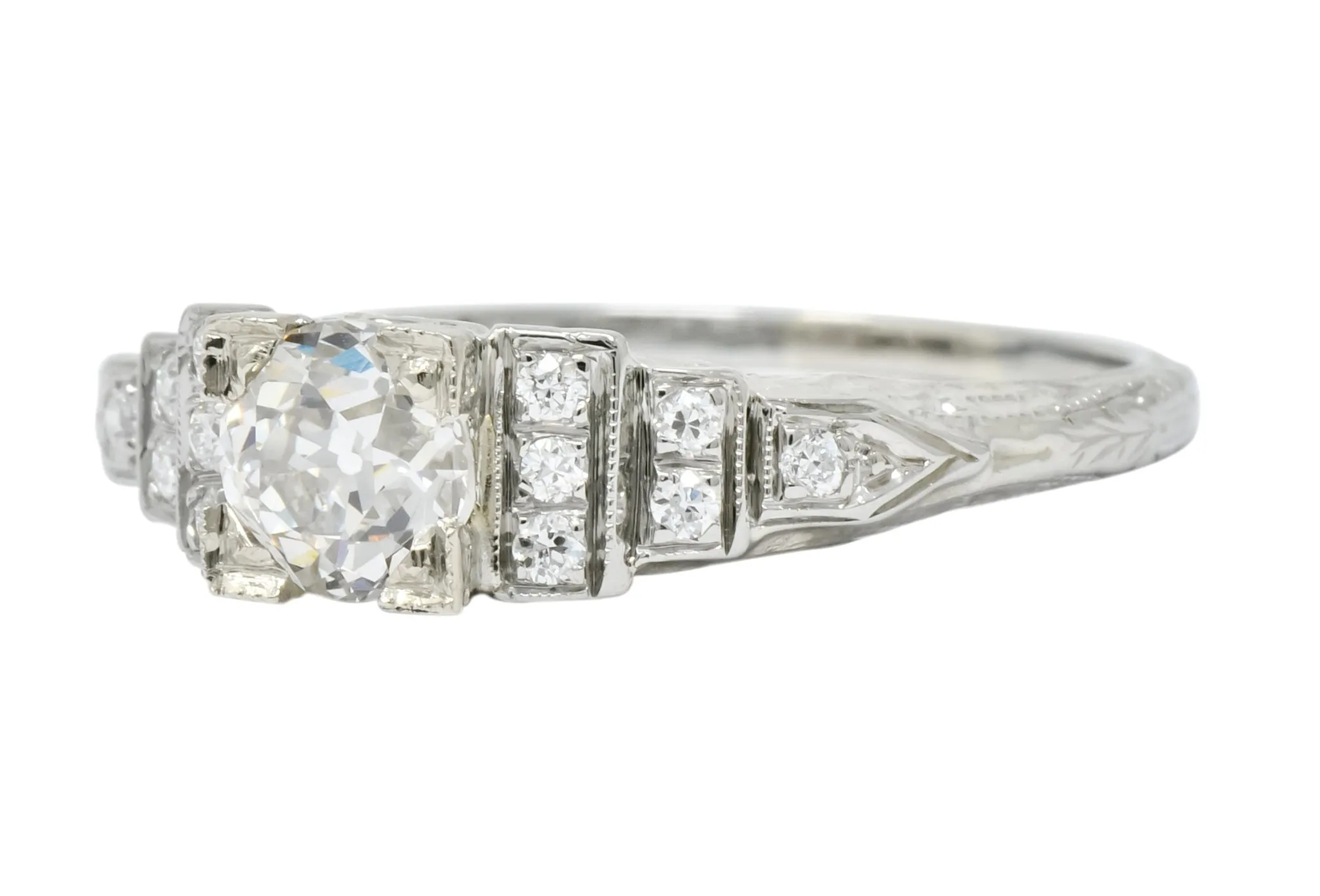 1930's Art Deco 0.81 CTW Diamond 18 Karat White Gold Engagement Ring