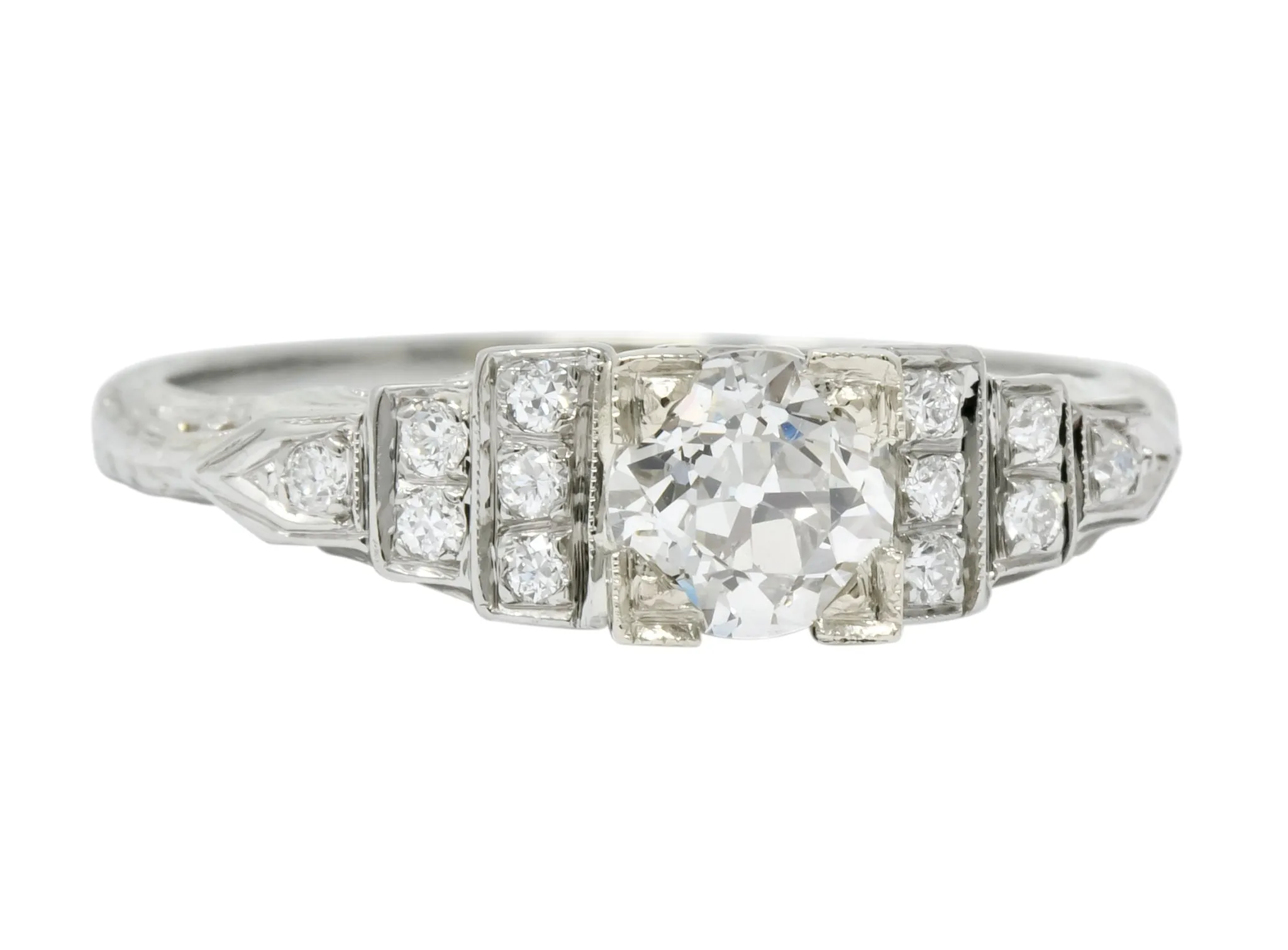 1930's Art Deco 0.81 CTW Diamond 18 Karat White Gold Engagement Ring