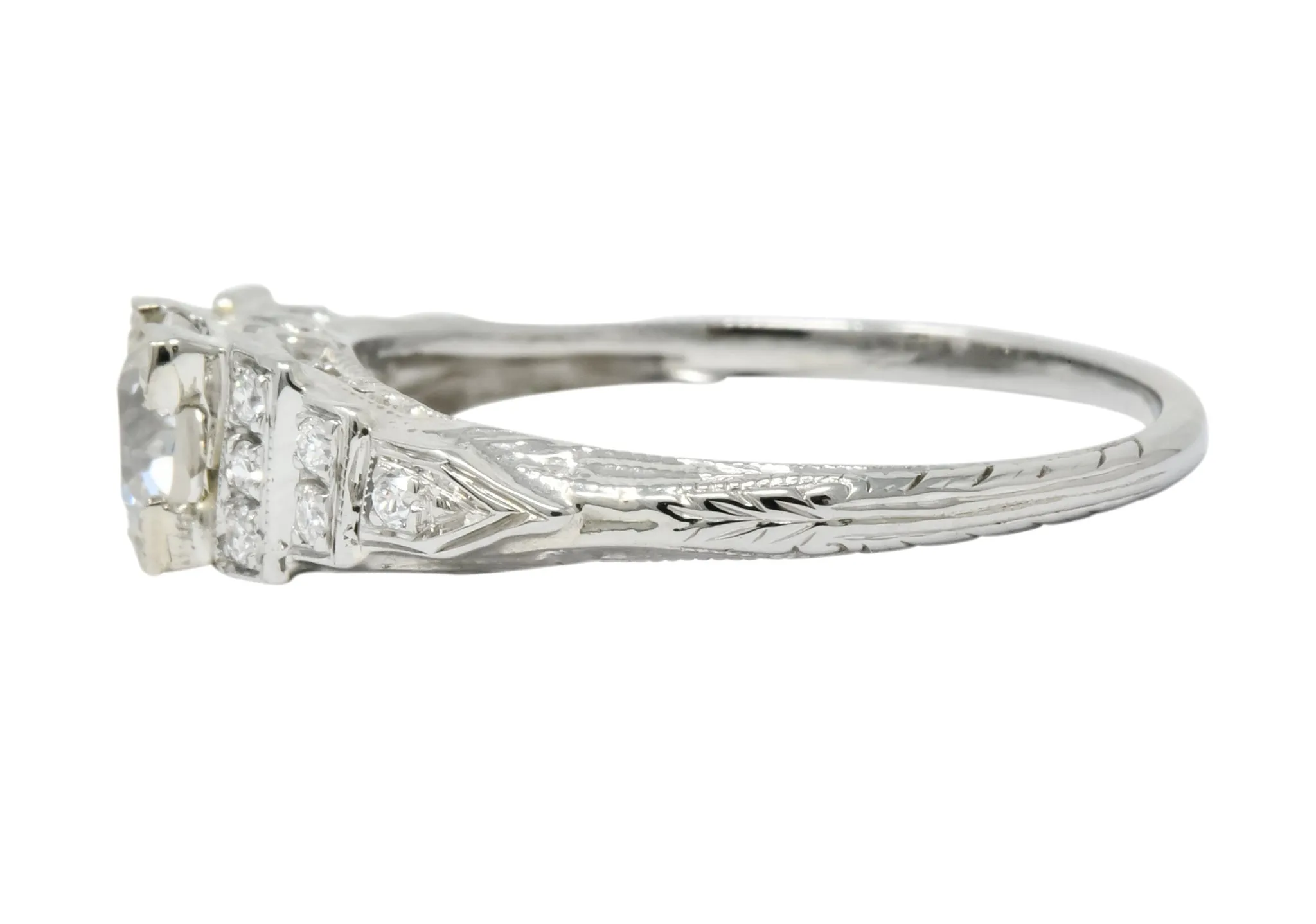 1930's Art Deco 0.81 CTW Diamond 18 Karat White Gold Engagement Ring