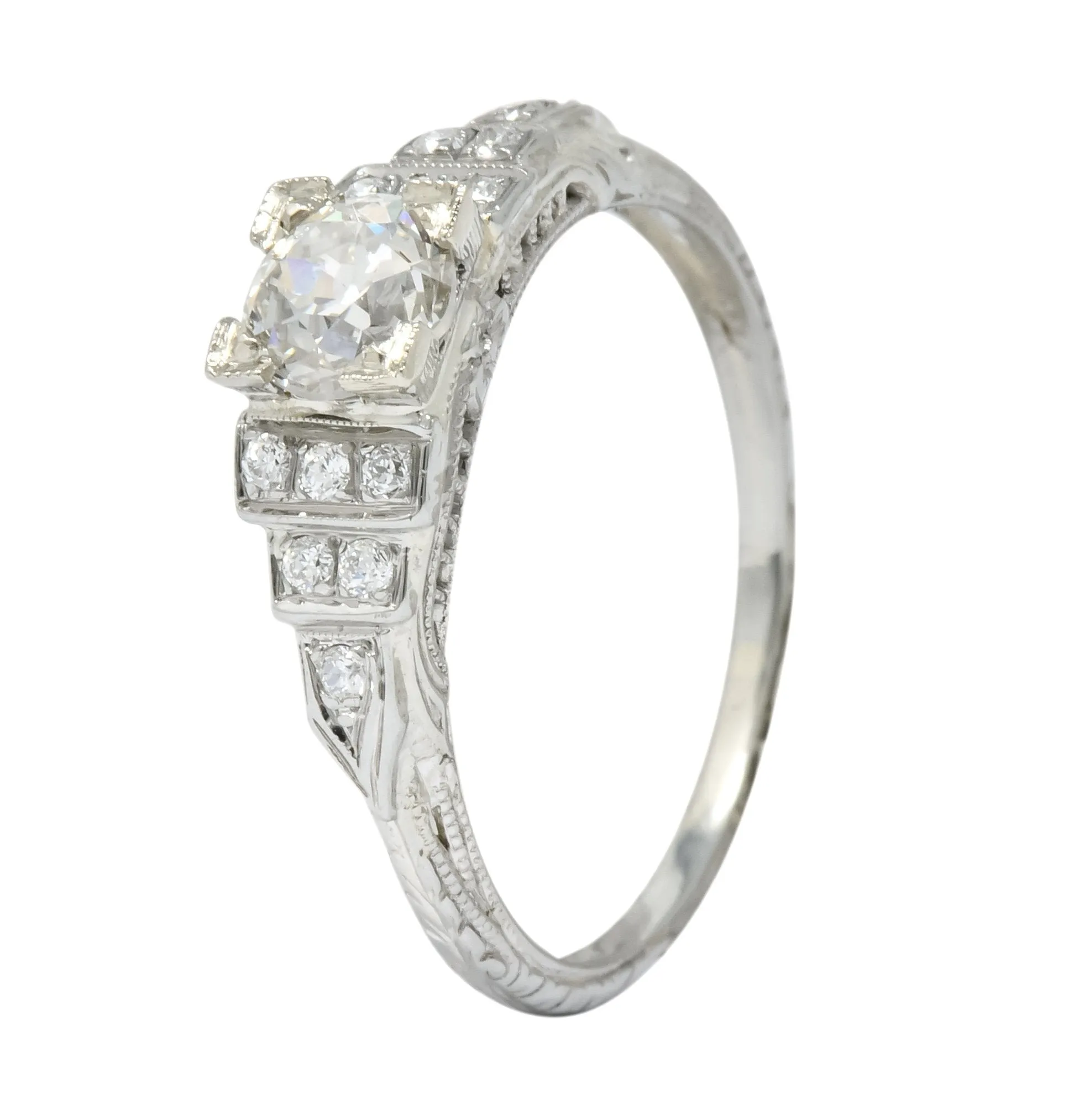 1930's Art Deco 0.81 CTW Diamond 18 Karat White Gold Engagement Ring