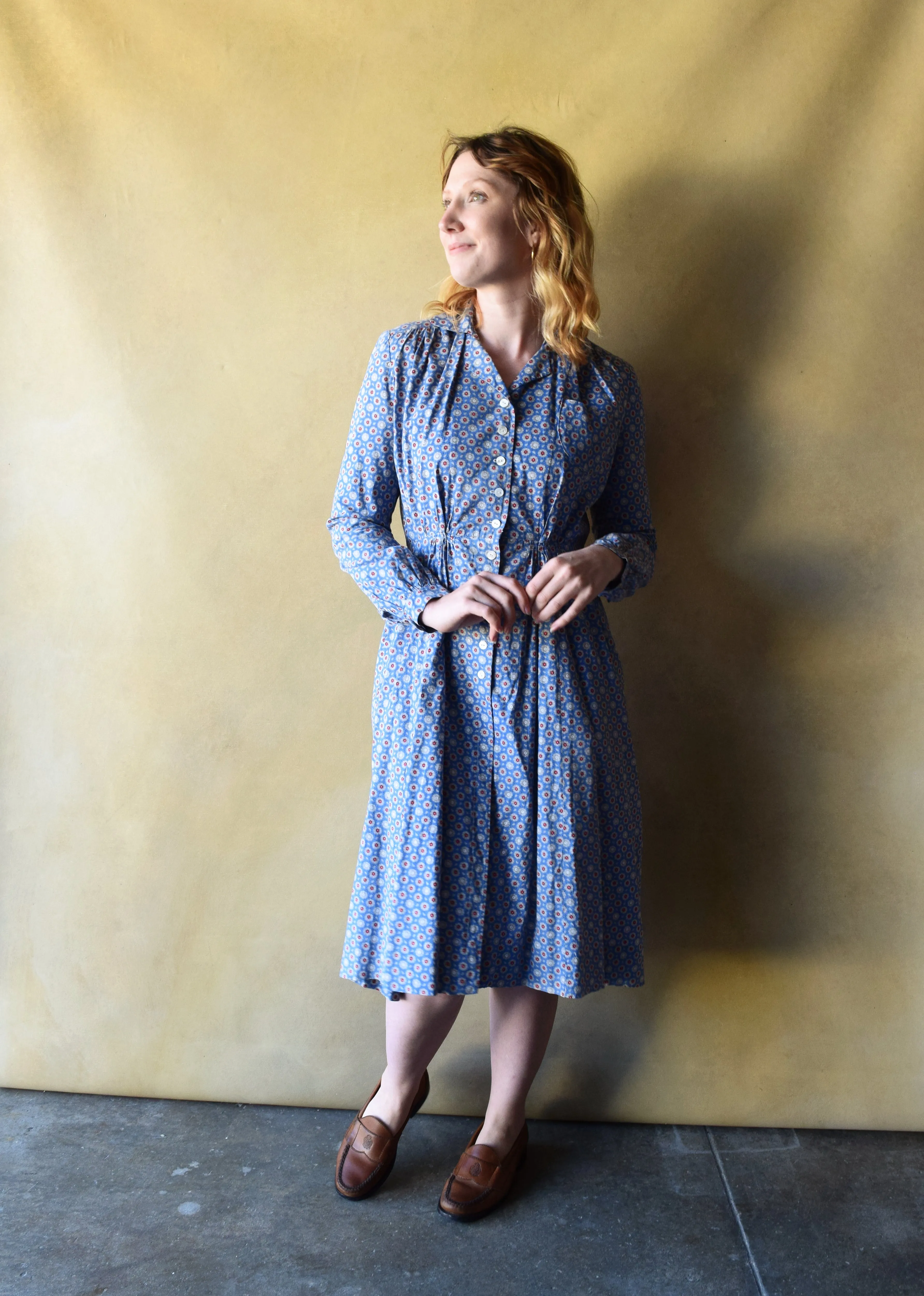 1930s blue cotton feedsack dress . vintage 30s dress . size s to m