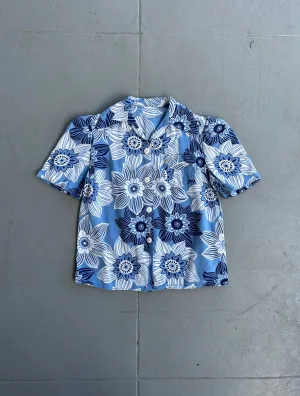 1940s puff sleeve blouse . vintage blue floral top . size xs to small