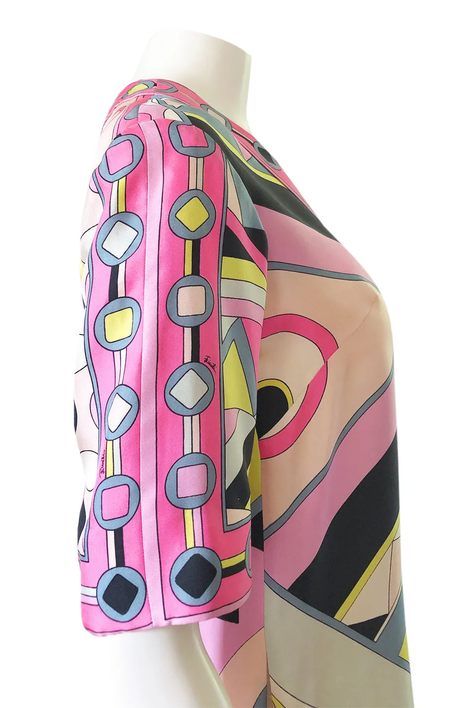 1960s Emilio Pucci Pink Geometric Print Silk Twill Tunic Top