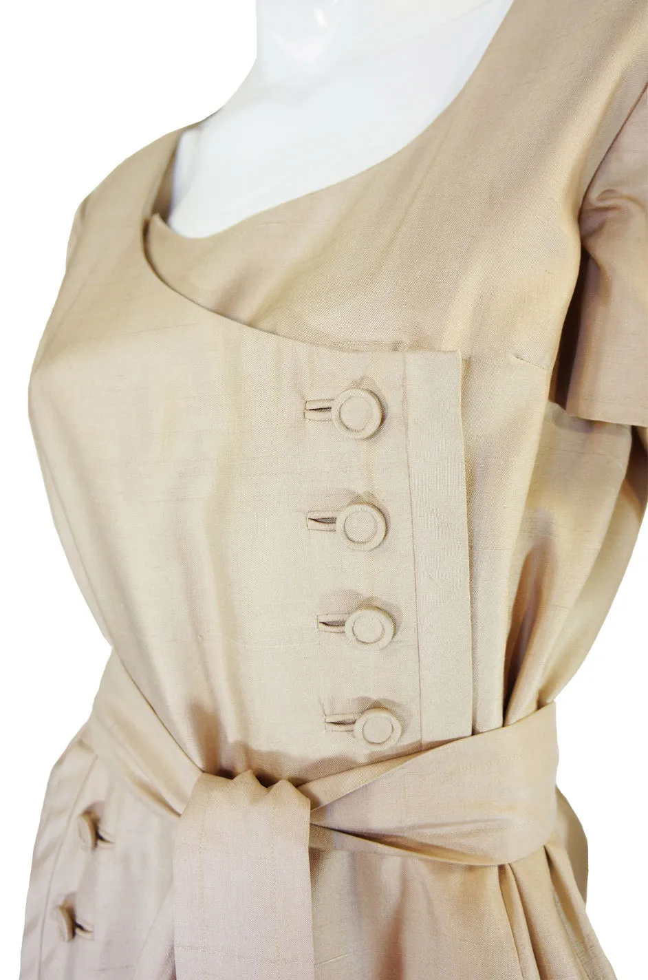 1960s Lrgr Oleg Cassini Taupe Silk Dress