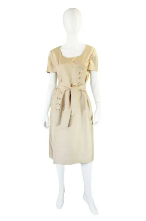 1960s Lrgr Oleg Cassini Taupe Silk Dress