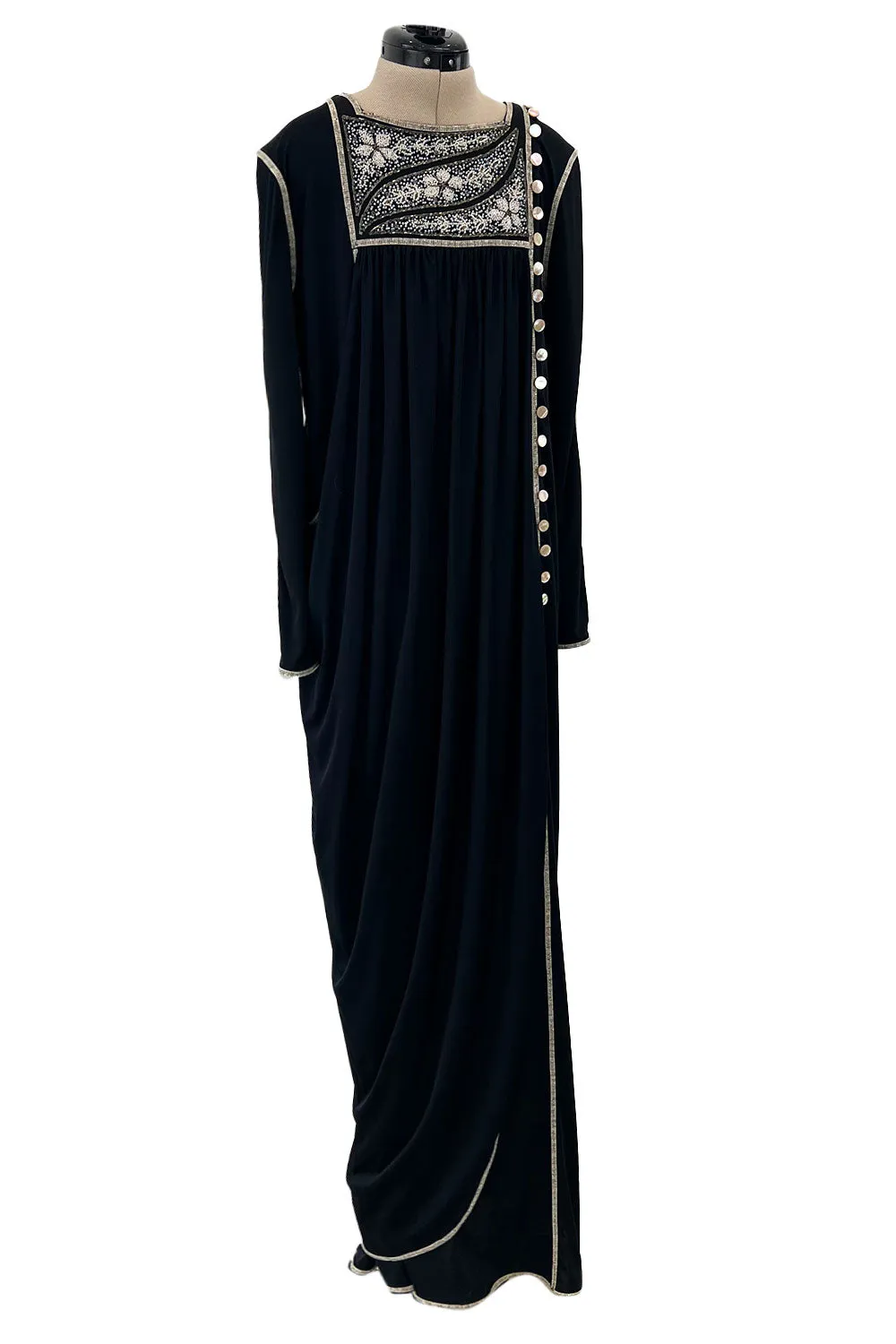 1970s Bill Gibb Museum Held Black Liquid Jersey Dress w MOP Buttons & Extensive Beading