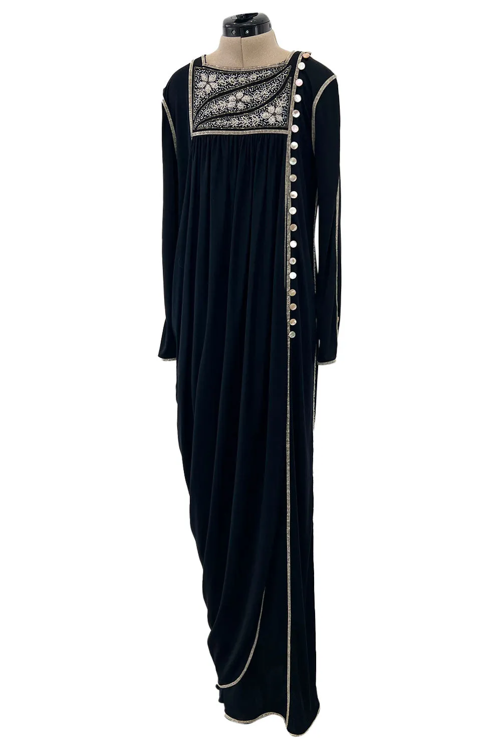 1970s Bill Gibb Museum Held Black Liquid Jersey Dress w MOP Buttons & Extensive Beading