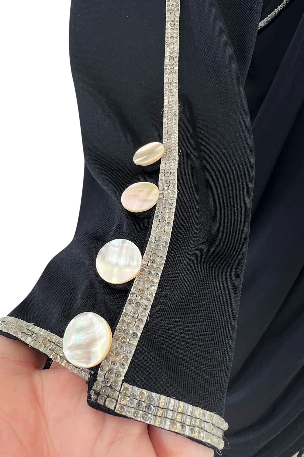 1970s Bill Gibb Museum Held Black Liquid Jersey Dress w MOP Buttons & Extensive Beading