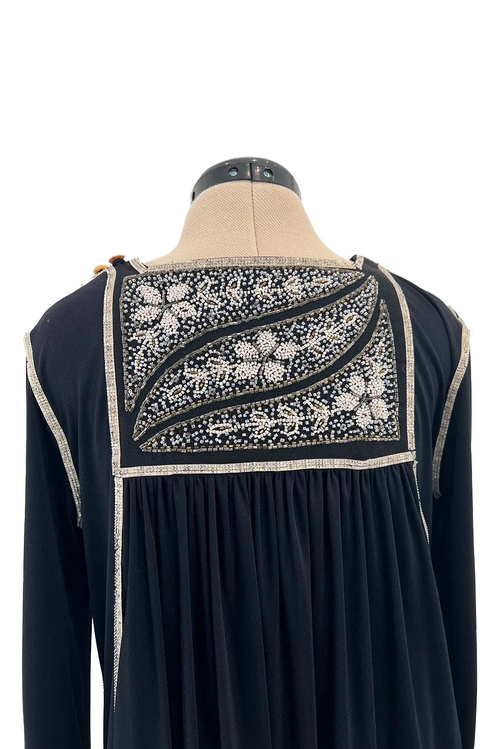 1970s Bill Gibb Museum Held Black Liquid Jersey Dress w MOP Buttons & Extensive Beading