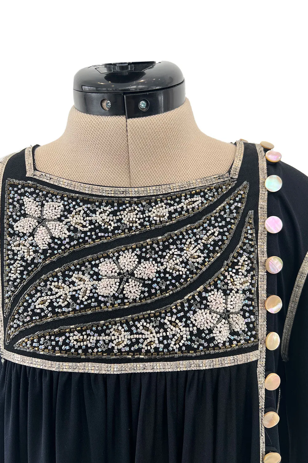 1970s Bill Gibb Museum Held Black Liquid Jersey Dress w MOP Buttons & Extensive Beading