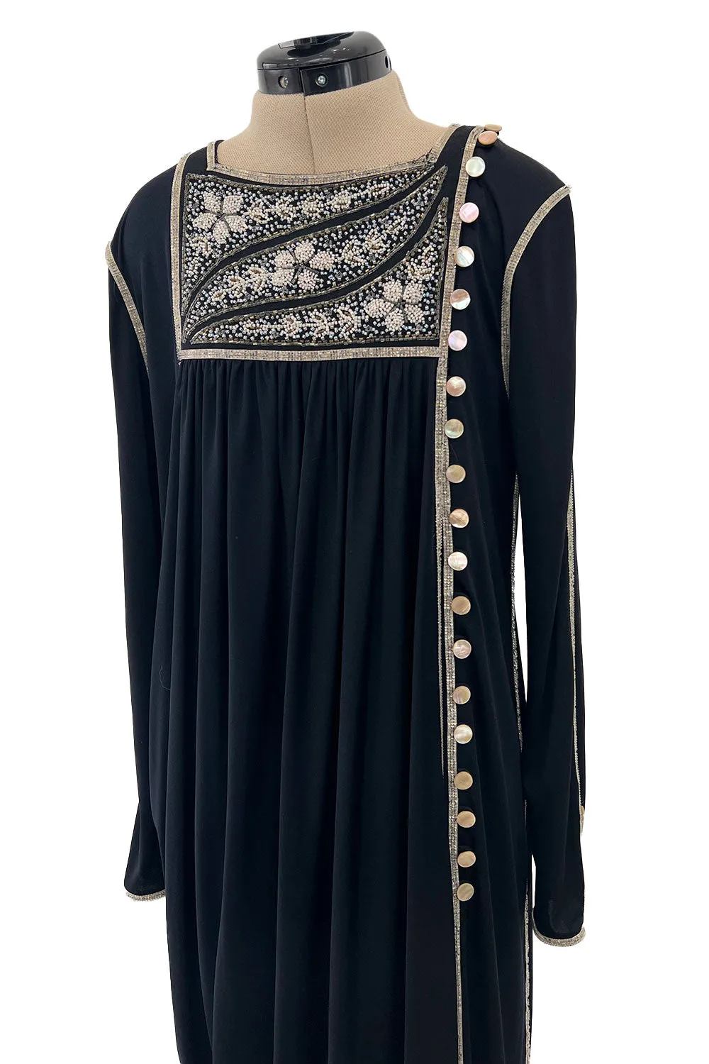 1970s Bill Gibb Museum Held Black Liquid Jersey Dress w MOP Buttons & Extensive Beading