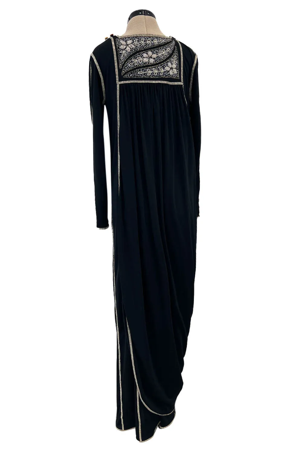 1970s Bill Gibb Museum Held Black Liquid Jersey Dress w MOP Buttons & Extensive Beading