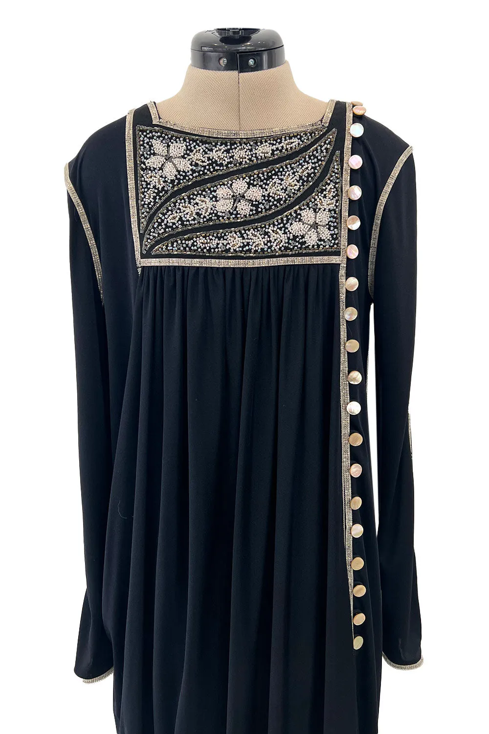 1970s Bill Gibb Museum Held Black Liquid Jersey Dress w MOP Buttons & Extensive Beading