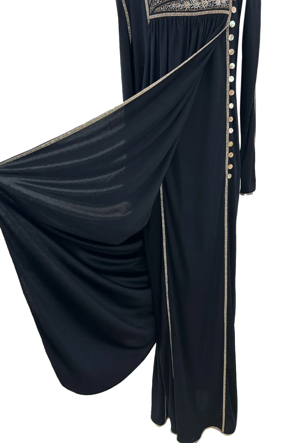 1970s Bill Gibb Museum Held Black Liquid Jersey Dress w MOP Buttons & Extensive Beading