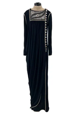 1970s Bill Gibb Museum Held Black Liquid Jersey Dress w MOP Buttons & Extensive Beading