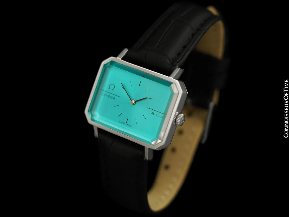 1973 Omega De Ville Mens Midsize "Emerald" Modern Watch with Tiffany Blue Dial By Andrew Grima - Stainless Steel