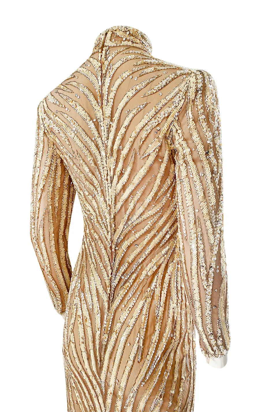 1980s Bob Mackie Ivory Sequin & Nude Stretch Net High Slit Dress
