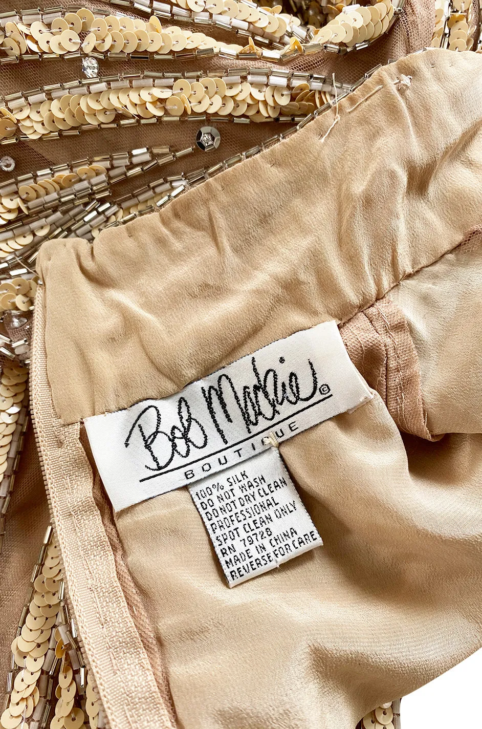 1980s Bob Mackie Ivory Sequin & Nude Stretch Net High Slit Dress