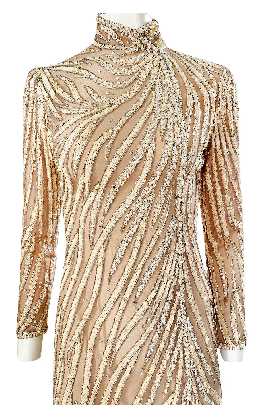 1980s Bob Mackie Ivory Sequin & Nude Stretch Net High Slit Dress