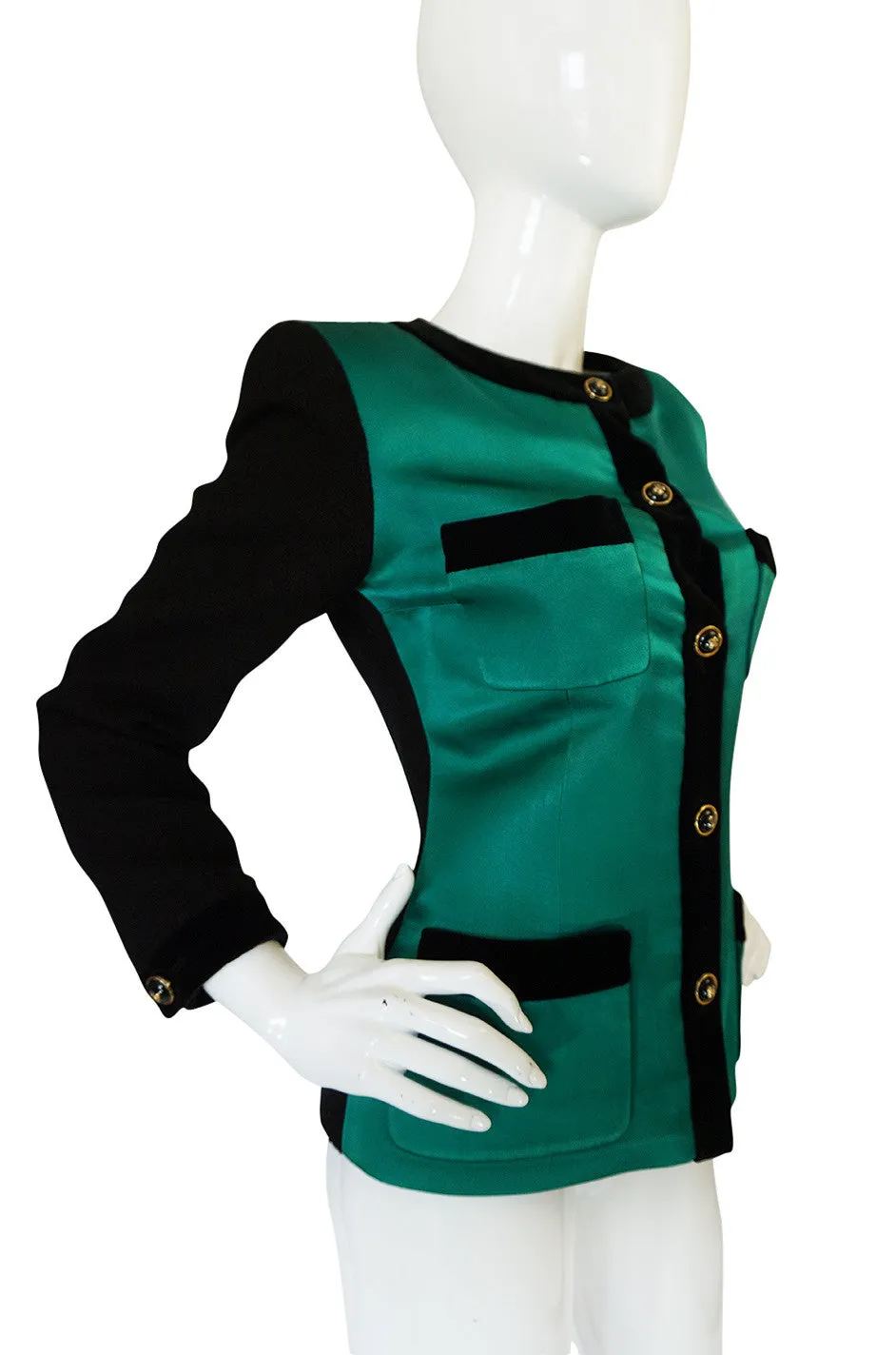 1980s Chanel Emerald Green Silk Satin Front Black Jacket