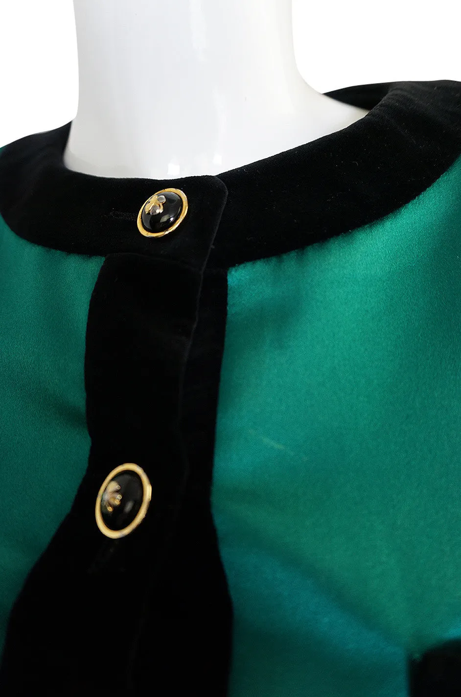 1980s Chanel Emerald Green Silk Satin Front Black Jacket