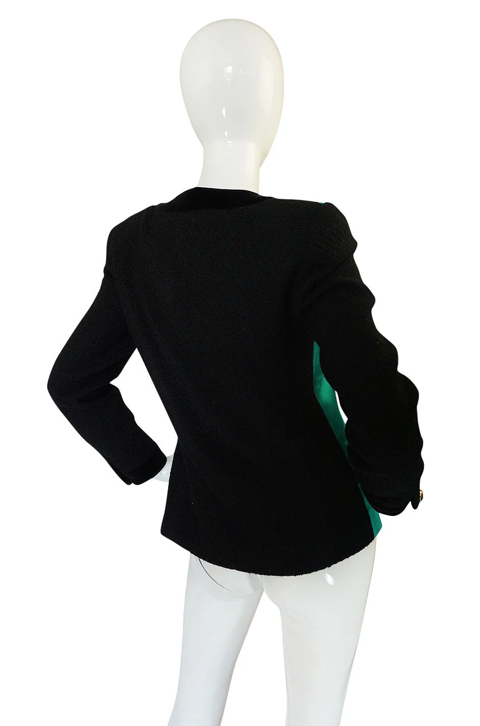 1980s Chanel Emerald Green Silk Satin Front Black Jacket