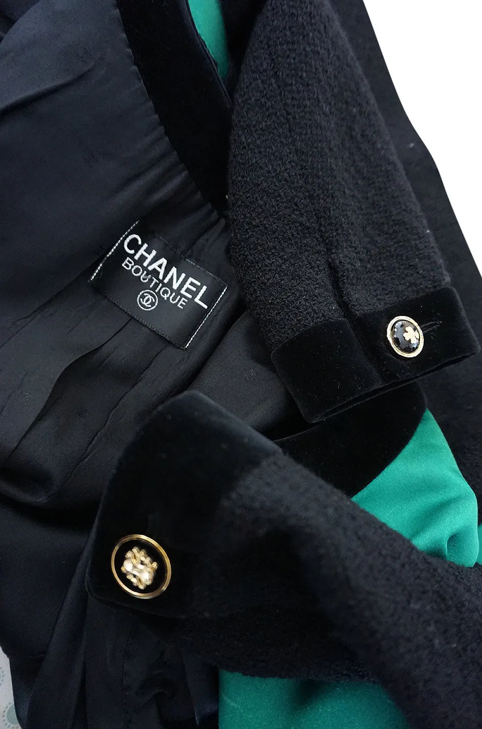 1980s Chanel Emerald Green Silk Satin Front Black Jacket