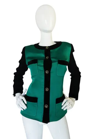 1980s Chanel Emerald Green Silk Satin Front Black Jacket