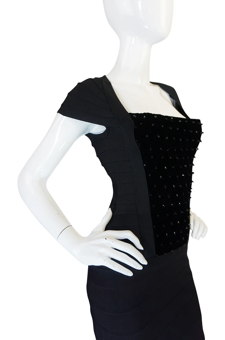 1990s Herve Leger Velvet & Bead Front Detailed Bandage Dress