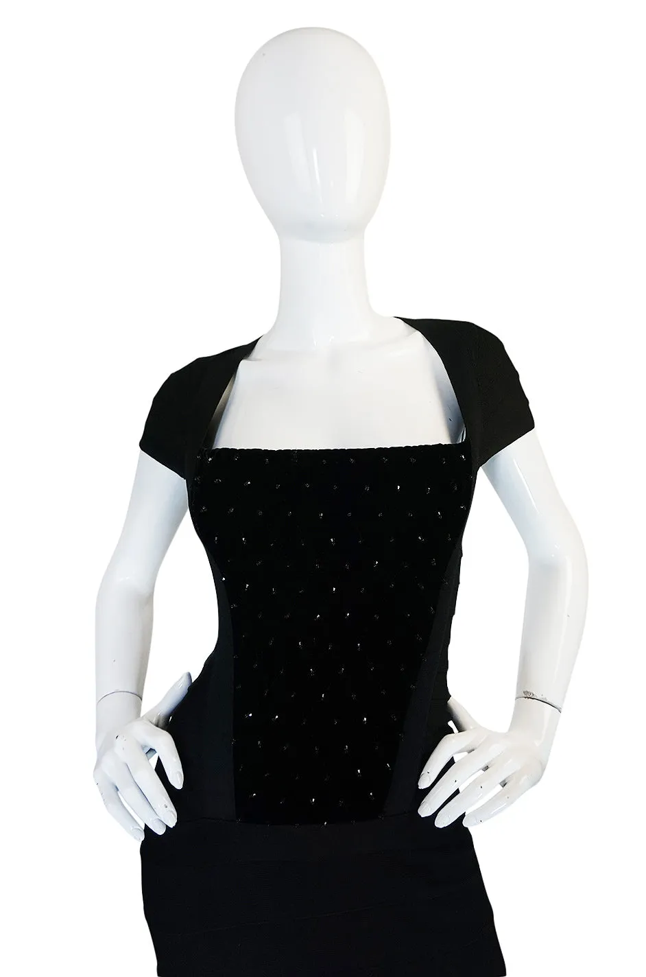 1990s Herve Leger Velvet & Bead Front Detailed Bandage Dress