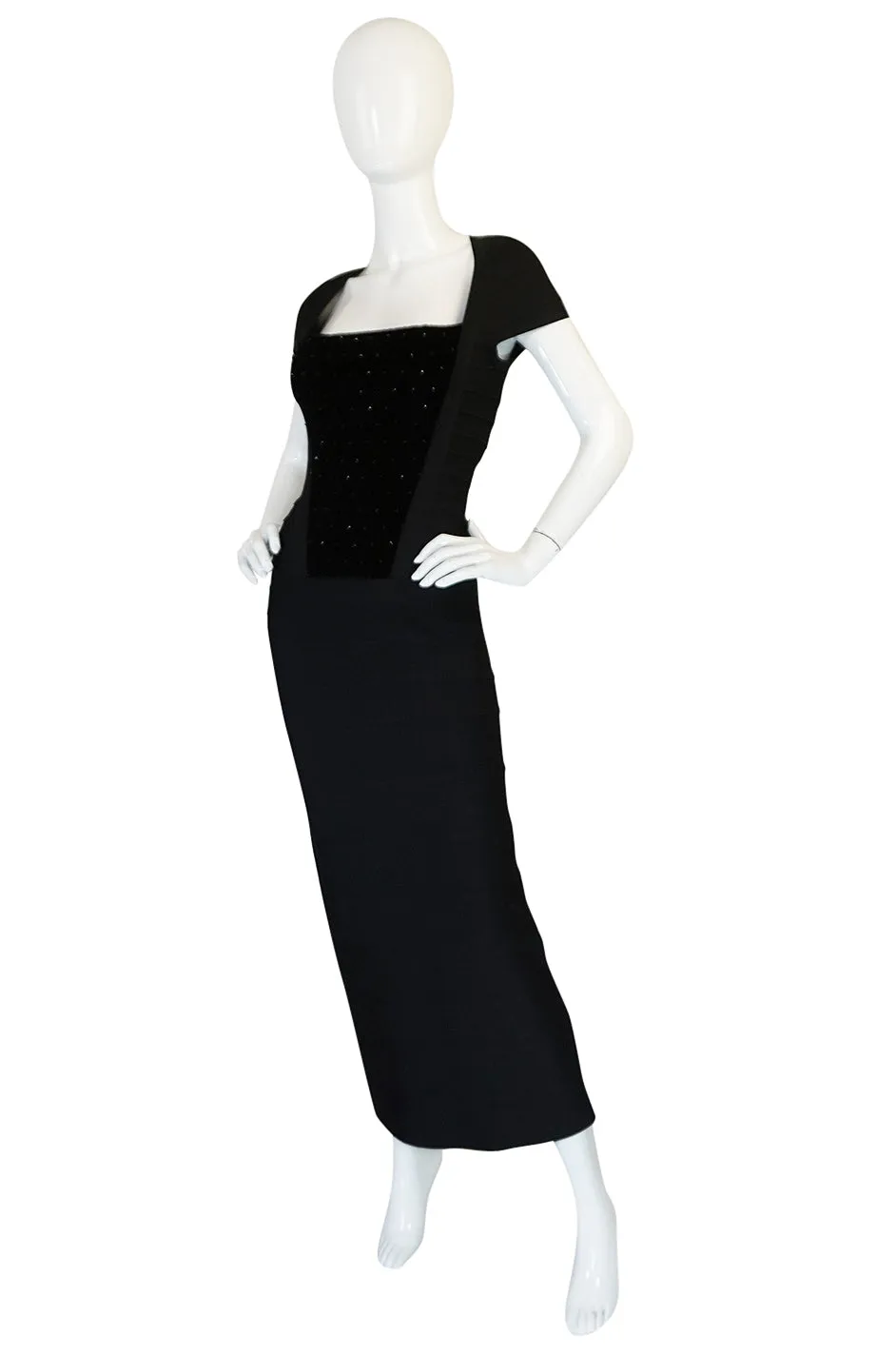1990s Herve Leger Velvet & Bead Front Detailed Bandage Dress