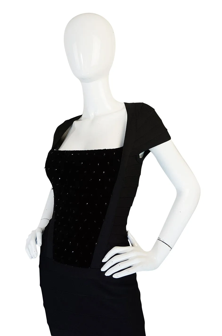 1990s Herve Leger Velvet & Bead Front Detailed Bandage Dress
