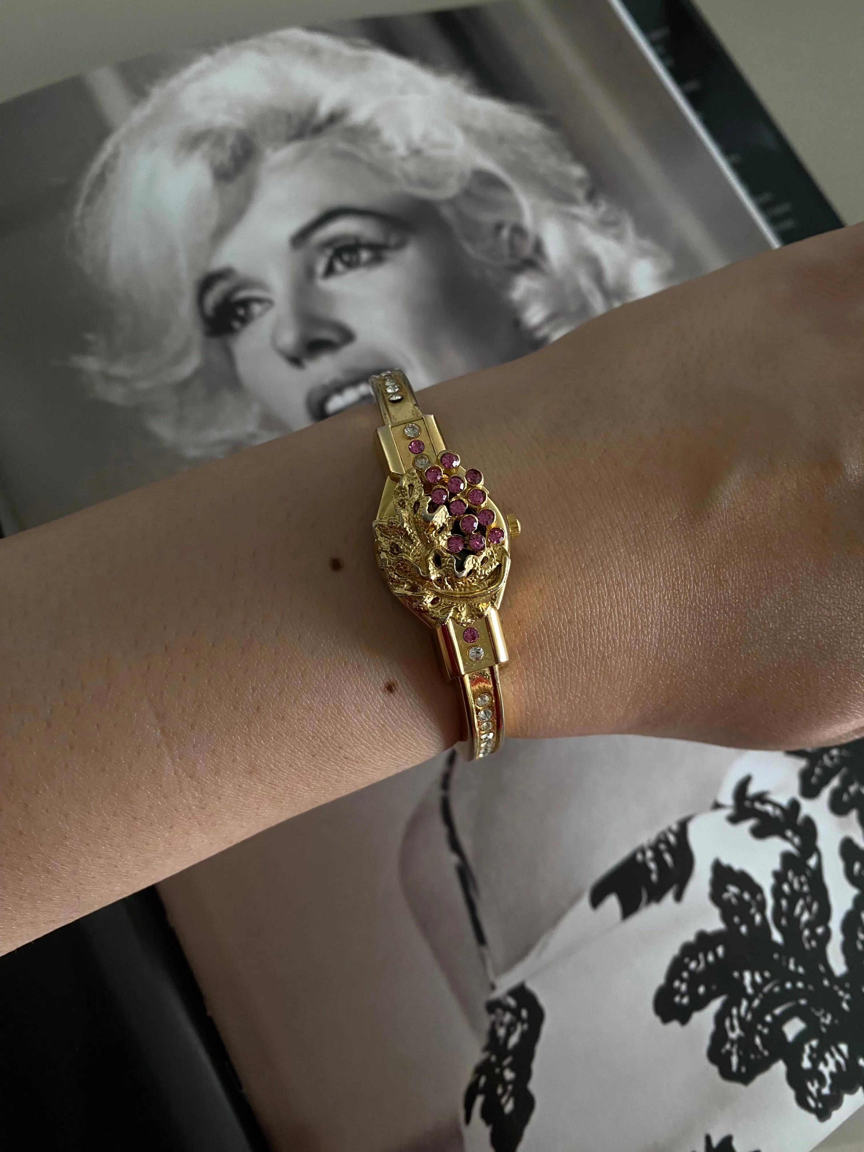 1990s Vintage Gold tone Peek-a-Boo Rhinestone MIYOKO Women's watch
