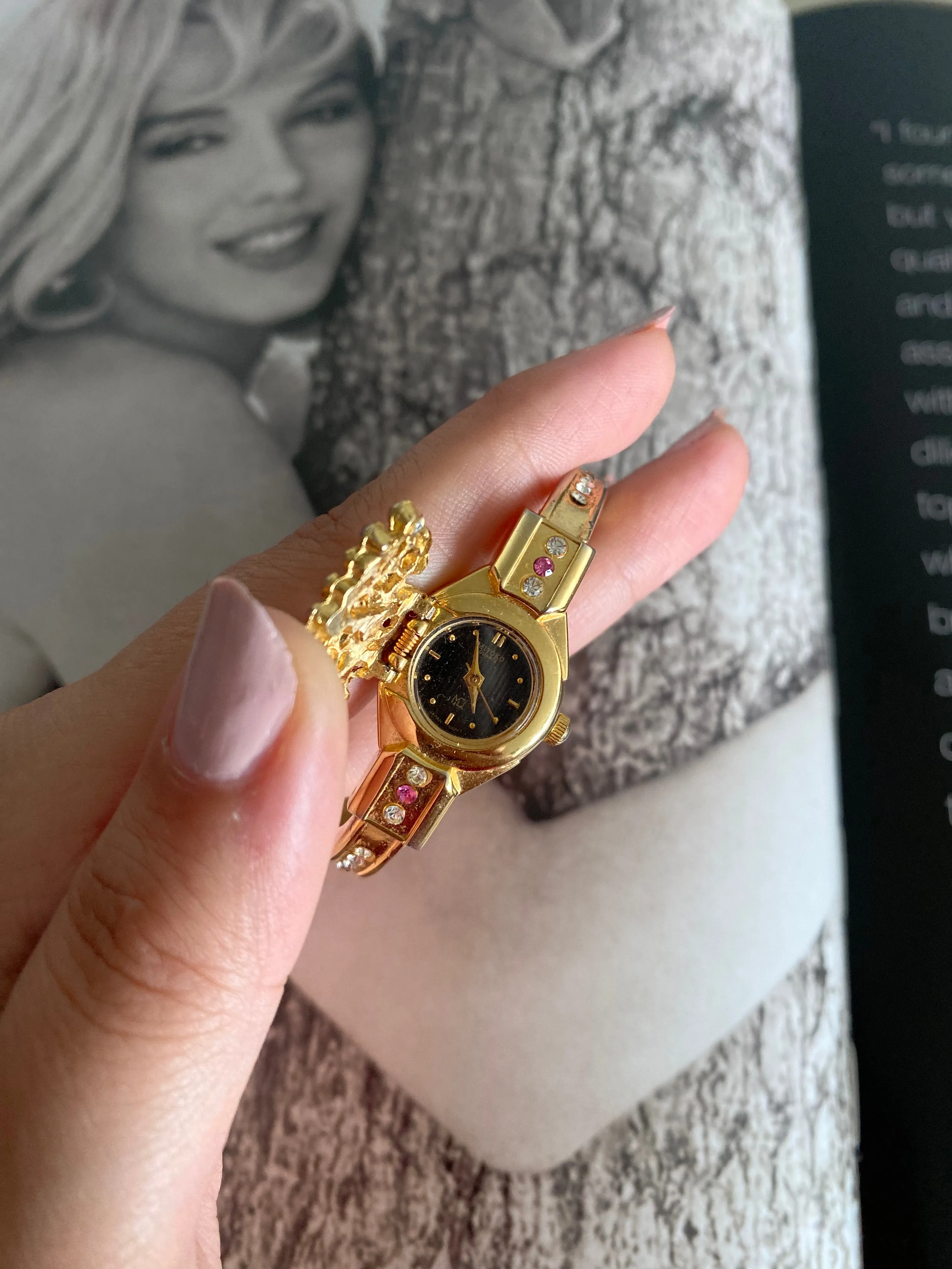 1990s Vintage Gold tone Peek-a-Boo Rhinestone MIYOKO Women's watch