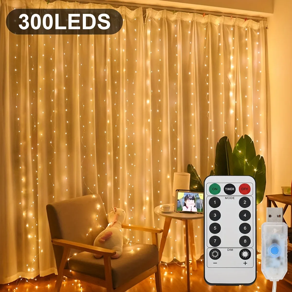 1pc 300/200/100 LED Curtain String Lights - Fairy Lights with Remote Control, 8 Modes, USB Plug in, Copper Wire, 298.7×298.7/201/100 Cm, for Bedroom Window, Christmas, Wedding, Party Decor