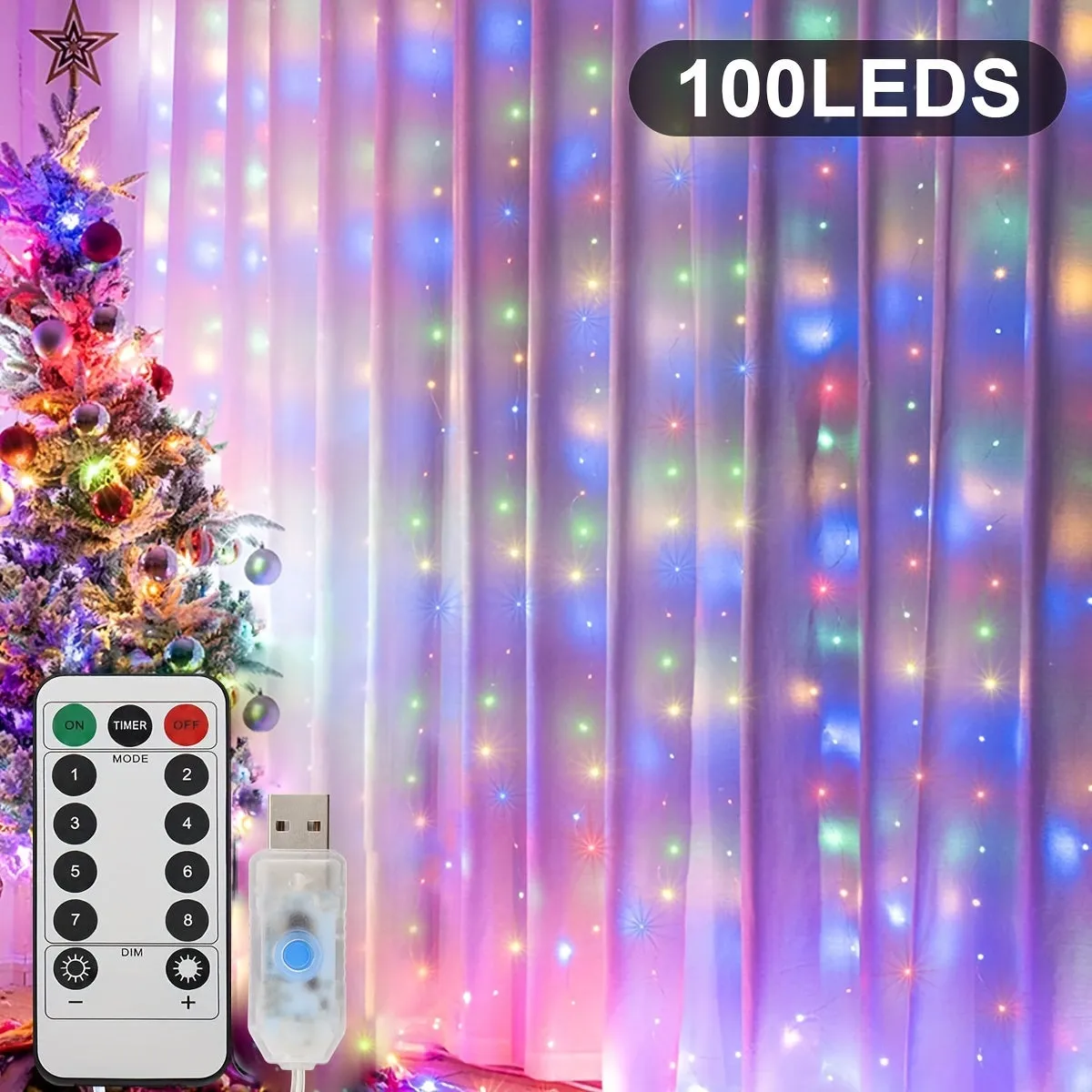 1pc 300/200/100 LED Curtain String Lights - Fairy Lights with Remote Control, 8 Modes, USB Plug in, Copper Wire, 298.7×298.7/201/100 Cm, for Bedroom Window, Christmas, Wedding, Party Decor