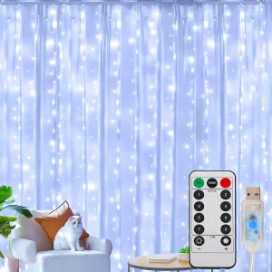 1pc 300/200/100 LED Curtain String Lights - Fairy Lights with Remote Control, 8 Modes, USB Plug in, Copper Wire, 298.7×298.7/201/100 Cm, for Bedroom Window, Christmas, Wedding, Party Decor