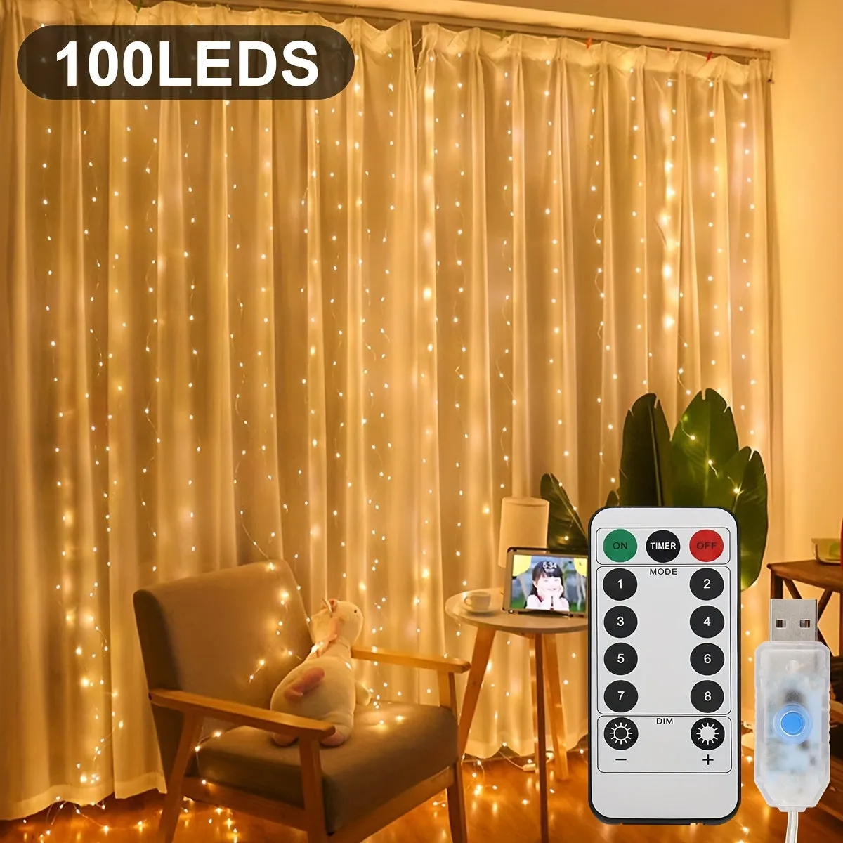 1pc 300/200/100 LED Curtain String Lights - Fairy Lights with Remote Control, 8 Modes, USB Plug in, Copper Wire, 298.7×298.7/201/100 Cm, for Bedroom Window, Christmas, Wedding, Party Decor