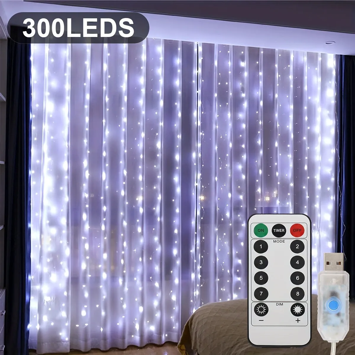 1pc 300/200/100 LED Curtain String Lights - Fairy Lights with Remote Control, 8 Modes, USB Plug in, Copper Wire, 298.7×298.7/201/100 Cm, for Bedroom Window, Christmas, Wedding, Party Decor