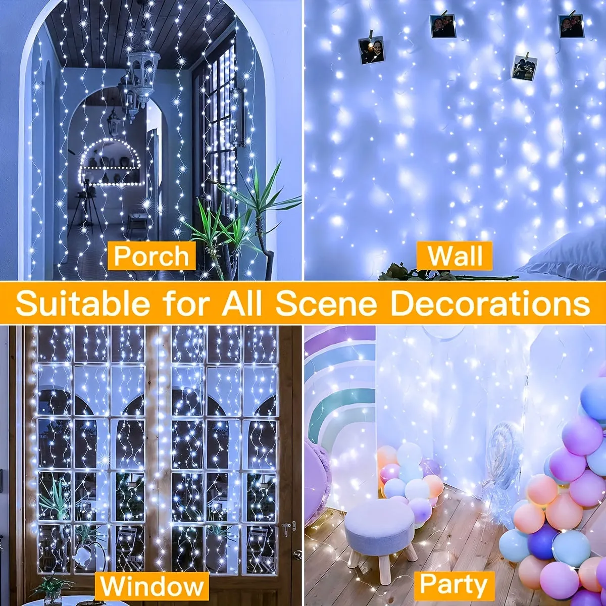 1pc 300/200/100 LED Curtain String Lights - Fairy Lights with Remote Control, 8 Modes, USB Plug in, Copper Wire, 298.7×298.7/201/100 Cm, for Bedroom Window, Christmas, Wedding, Party Decor