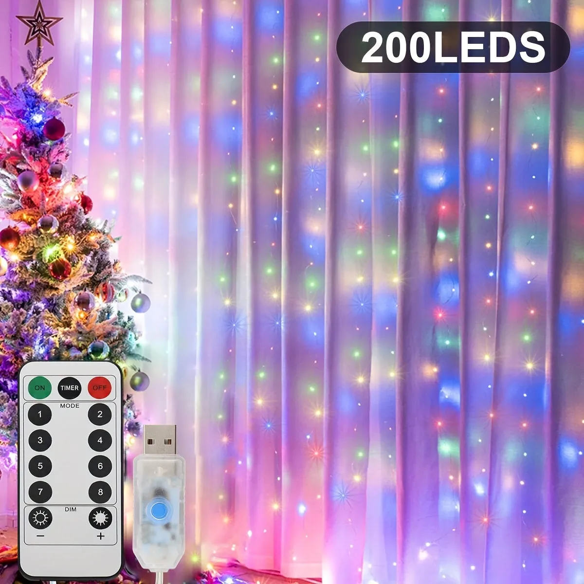 1pc 300/200/100 LED Curtain String Lights - Fairy Lights with Remote Control, 8 Modes, USB Plug in, Copper Wire, 298.7×298.7/201/100 Cm, for Bedroom Window, Christmas, Wedding, Party Decor