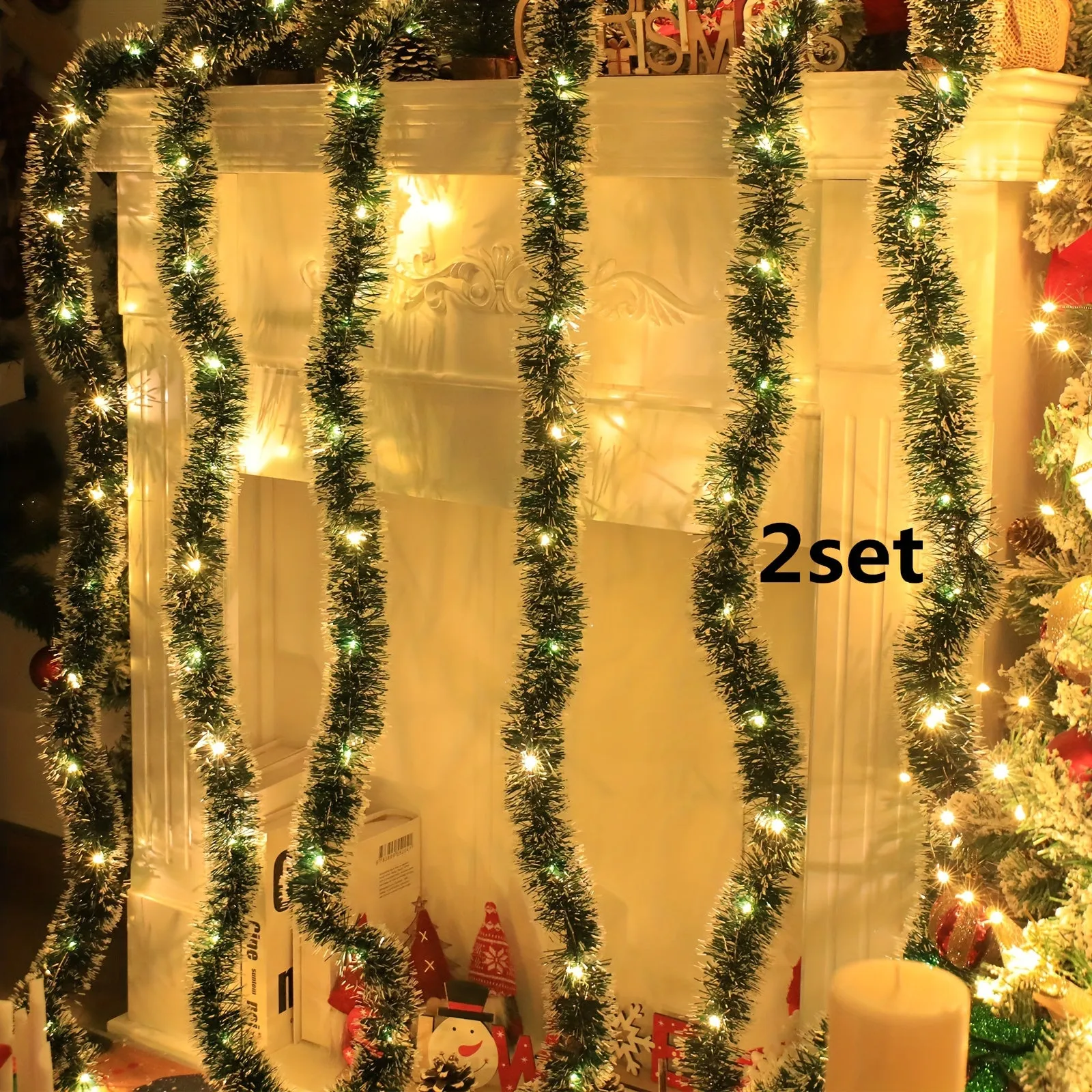 2-Pack Christmas Garland with 30 LED Lights - Battery Operated, AA Powered Twinkling Tinsel Swags - Classic Style, No Feathers, for Home, Garden, Bedroom, Party, Indoor/Outdoor Decor (Batteries Not Included)