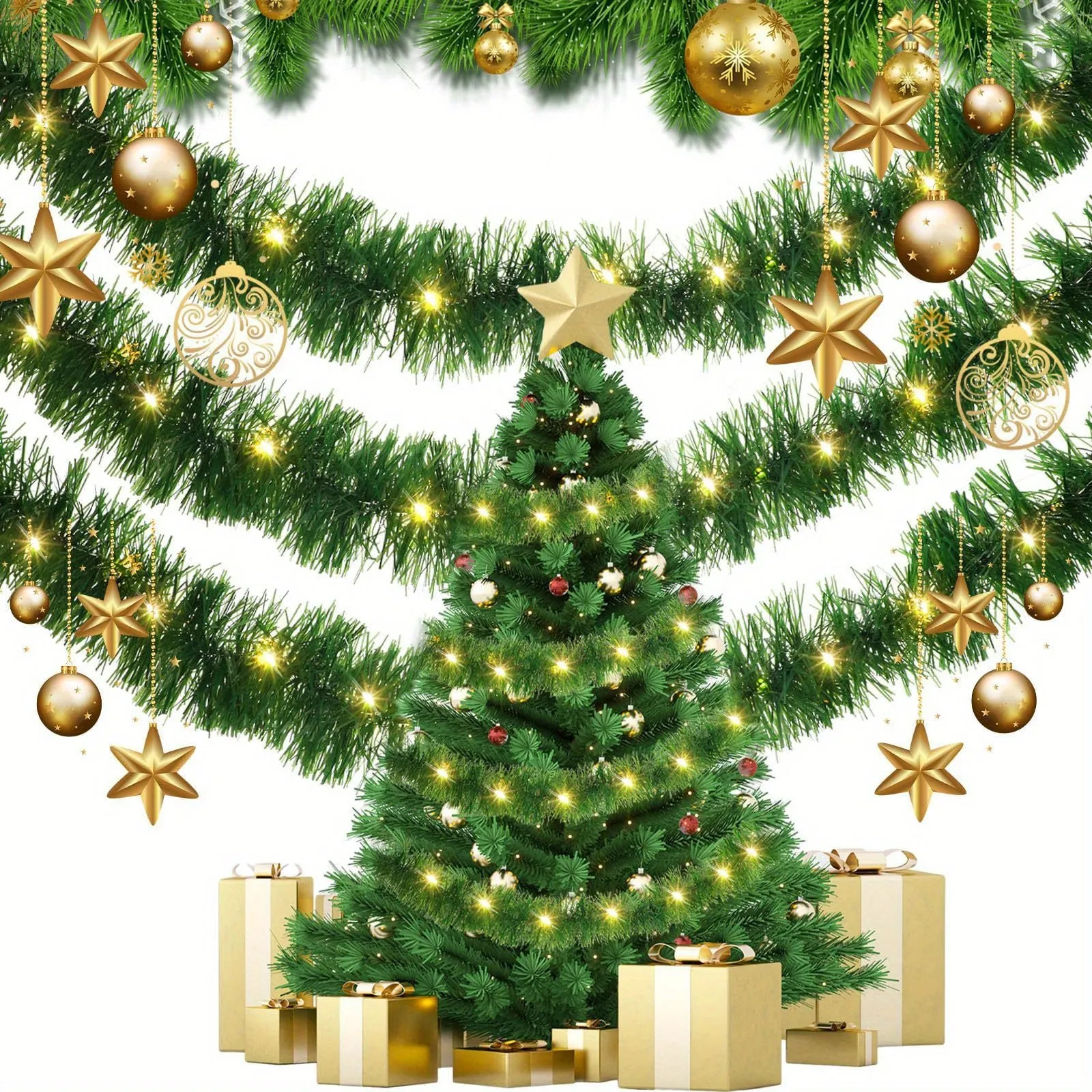 2-Pack Christmas Garland with 30 LED Lights - Battery Operated, AA Powered Twinkling Tinsel Swags - Classic Style, No Feathers, for Home, Garden, Bedroom, Party, Indoor/Outdoor Decor (Batteries Not Included)