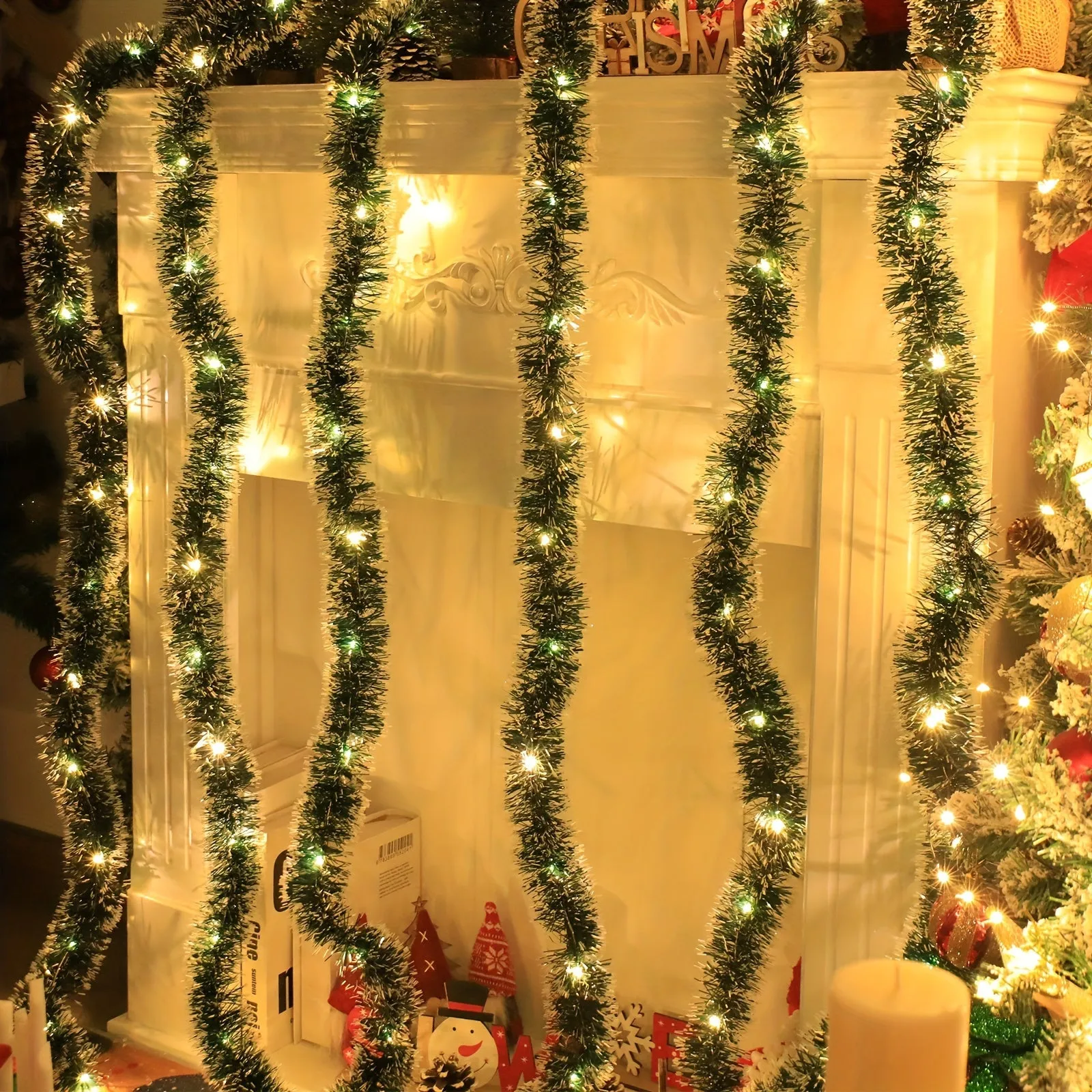 2-Pack Christmas Garland with 30 LED Lights - Battery Operated, AA Powered Twinkling Tinsel Swags - Classic Style, No Feathers, for Home, Garden, Bedroom, Party, Indoor/Outdoor Decor (Batteries Not Included)