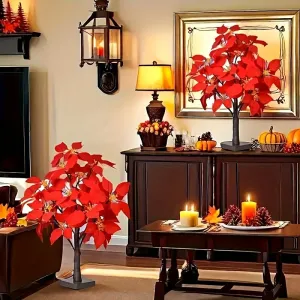 2-pack, Christmas LED Analog Red Flower Tree Light, Thanksgiving Decorations, Living Room Desktop Bonsai Tree, Suitable For Room Decoration, Holiday Party, Wedding Arrangement, This Product Needs 3 AA Batteries To Power On